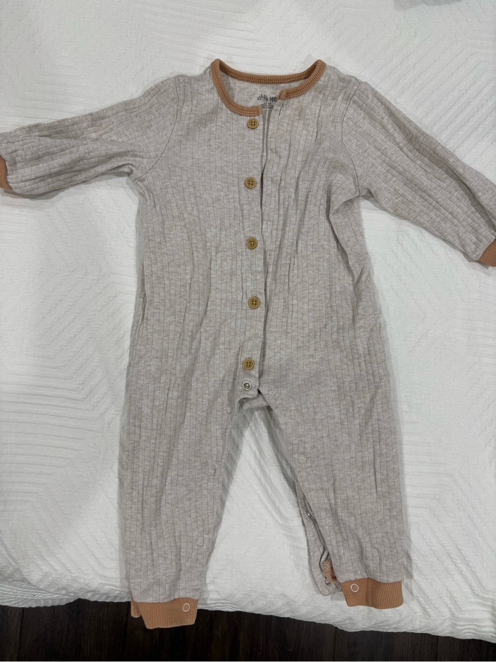 Little Me Ribbed Beige One-Piece with Tan Trim